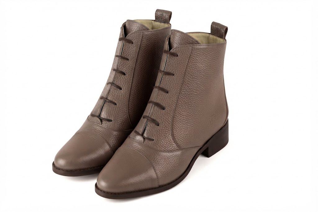Women's bronze front lace-up ankle boots with round toe and leather sole - Front view